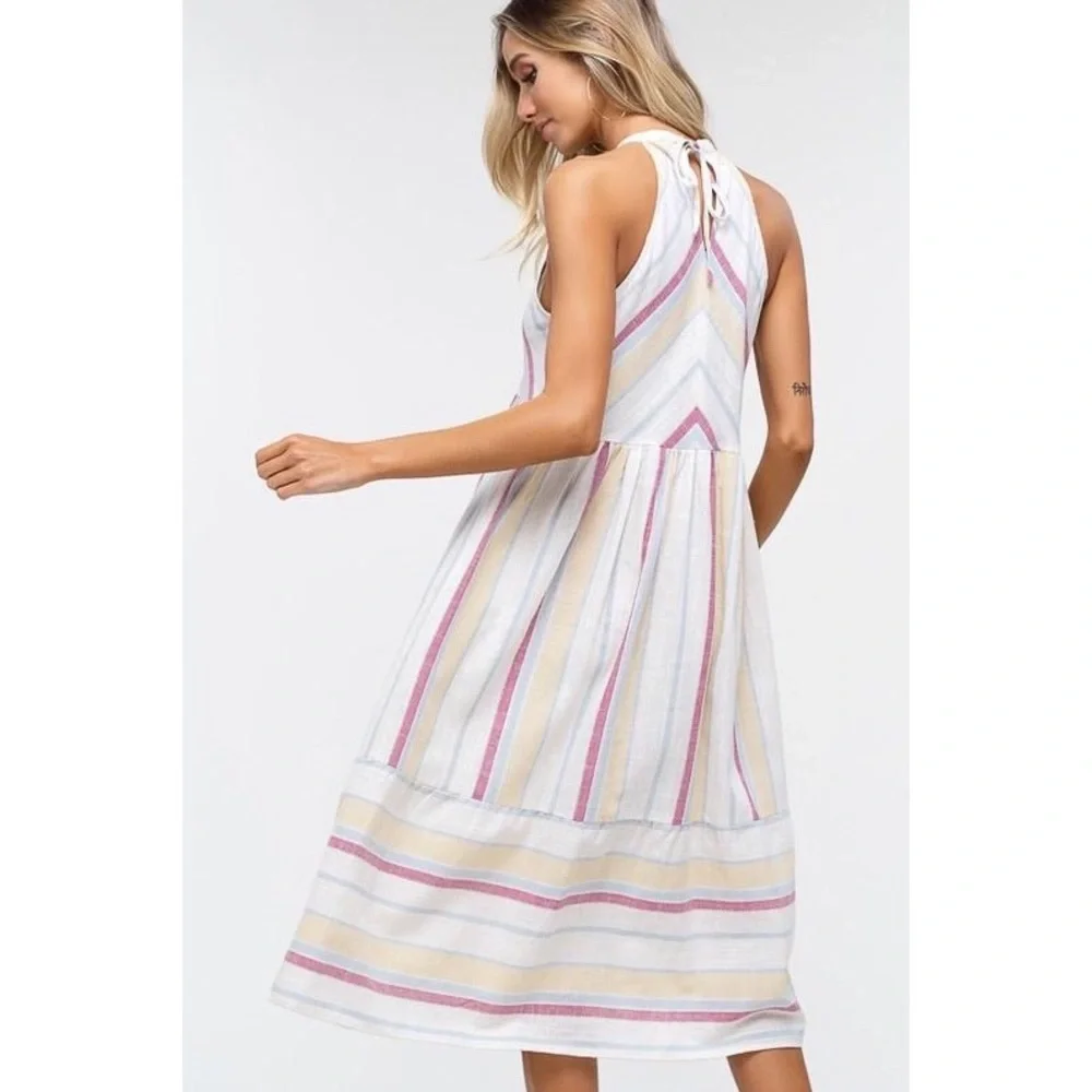 Ivory Multi Color Striped Woven High Neck Dress